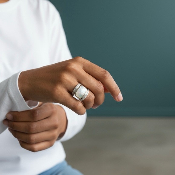 💞Dawkins White Quartz Gold Inlay Diamonds + Sterling Silver Statement Ring 6 US - Picture 7 of 11